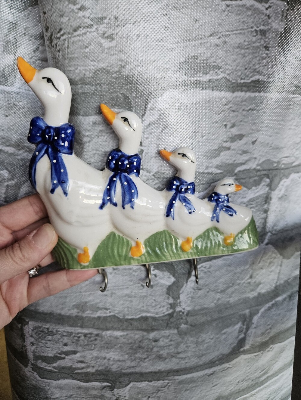 1980s Hand Painted Ceramic Ribbon Goose Key Holder With Hooks